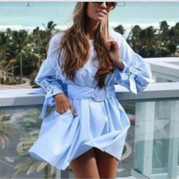 Zara Sky Blue Poplin Dress with Buckle Belt NEW Size Small Blogger Favorite - Picture 7 of 14